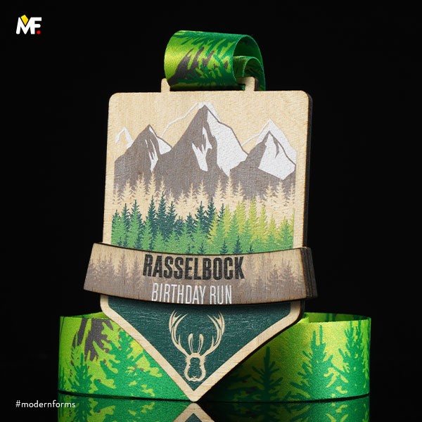 Wooden medal mountains and trees rasselbock birthday run